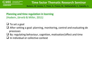 Planning and time regulation in learning (Hadwin, Järvelä & Miller, 2011) To set a goal After setting a goal: planning, monitoring, control and evaluating de processes By: regulating behaviour, cognition, motivation/affect and time In individual or collective context 