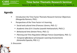 Agenda Introduction the Time Factor Thematic Research Seminar Objectives (Margarida Romero, PhD.) Perspectives of the Time Factor in E-learning Social and cultural time (Francesc Llorens, PhD. C.) Academic time (K.H. Enosha Lasanthi Hettiarachchi, PhD.C.) Behavioural time (Antoni Perez, PhD. C.) Planning and Time Regulation (Marga Franco-Casamitjana, PhD. C.) Temporal affordance of Computer Learning Environments (Antonella Esposito, PhD. C.) 3. Discussion 