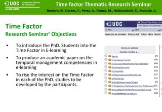 To introduce the PhD. Students into the Time Factor in E-learning To produce an academic paper on the temporal management competencies in e-learning  To rise the interest on the Time Factor in each of the PhD. studies to be developed by the participants. Time Factor   Research Seminar’ Objectives 