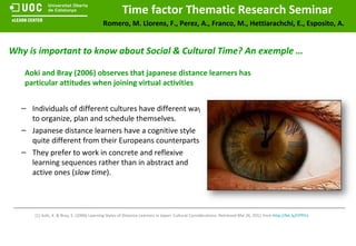 Individuals of different cultures have different ways to organize, plan and schedule themselves. Japanese distance learners have a cognitive style quite different from their Europeans counterparts. They prefer to work in concrete and reflexive learning sequences rather than in abstract and active ones ( slow time ). Aoki  and  Bray   (2006 ) observes that japanese distance learners has particular attitudes when joining virtual activities [1] Aoki, K. & Bray, E. (2006) Learning Styles of Distance Learners in Japan: Cultural Considerations.  Retrieved Mai 26, 2011 from  http://bit.ly/l7PFh1   Why is important to know about Social & Cultural Time? An exemple … 