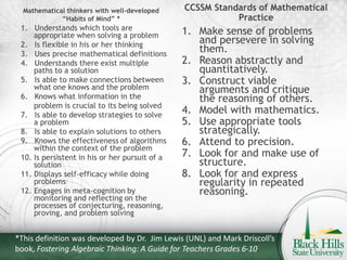 Mathematical thinkers with well-developed     CCSSM Standards of Mathematical
             “Habits of Mind” *                            Practice
 1. Understands which tools are
     appropriate when solving a problem         1. Make sense of problems
 2. Is flexible in his or her thinking             and persevere in solving
 3. Uses precise mathematical definitions
                                                   them.
 4. Understands there exist multiple            2. Reason abstractly and
     paths to a solution                           quantitatively.
 5. Is able to make connections between         3. Construct viable
     what one knows and the problem                arguments and critique
 6. Knows what information in the                  the reasoning of others.
     problem is crucial to its being solved
 7. Is able to develop strategies to solve
                                                4. Model with mathematics.
     a problem                                  5. Use appropriate tools
 8. Is able to explain solutions to others         strategically.
 9. Knows the effectiveness of algorithms       6. Attend to precision.
     within the context of the problem
 10. Is persistent in his or her pursuit of a   7. Look for and make use of
     solution                                      structure.
 11. Displays self‐efficacy while doing         8. Look for and express
     problems                                      regularity in repeated
 12. Engages in meta‐cognition by                  reasoning.
     monitoring and reflecting on the
     processes of conjecturing, reasoning,
     proving, and problem solving


*This definition was developed by Dr. Jim Lewis (UNL) and Mark Driscoll’s
book, Fostering Algebraic Thinking: A Guide for Teachers Grades 6-10.
 