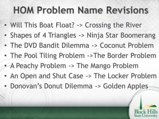 •   Will This Boat Float? -> Crossing the River
•   Shapes of 4 Triangles -> Ninja Star Boomerang
•   The DVD Bandit Dilemma -> Coconut Problem
•   The Pool Tiling Problem ->The Border Problem
•   A Peachy Problem -> The Mango Problem
•   An Open and Shut Case -> The Locker Problem
•   Donovan’s Donut Dilemma -> Golden Apples
 