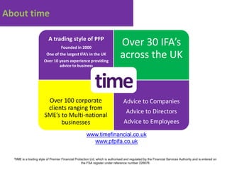 About time

                           A trading style of PFP
                                    Founded in 2000
                                                                               Over 30 IFA’s
                         One of the largest IFA’s in the UK
                       Over 10 years experience providing
                                                                               across the UK
                               advice to business




                         Over 100 corporate                                      Advice to Companies
                         clients ranging from
                                                                                   Advice to Directors
                        SME’s to Multi-national
                              businesses                                          Advice to Employees
                                                      www.timefinancial.co.uk
                                                        www.pfpifa.co.uk


  TIME is a trading style of Premier Financial Protection Ltd, which is authorised and regulated by the Financial Services Authority and is entered on
                                                   the FSA register under reference number 226676
 