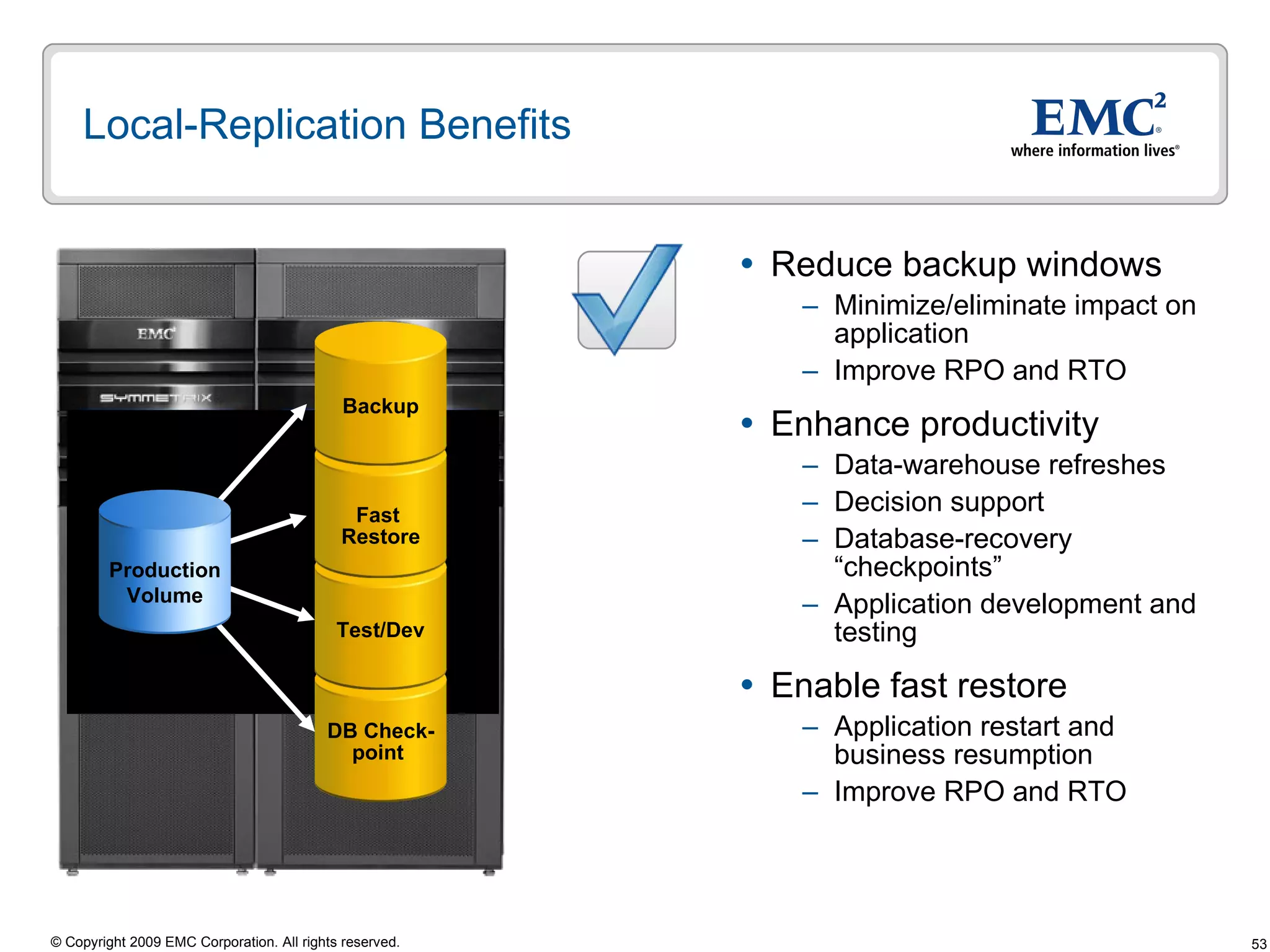 Local-Replication Benefits Reduce backup windows  Minimize/eliminate impact on application  Improve RPO and RTO  Enhance productivity  Data-warehouse refreshes Decision support Database-recovery “checkpoints”  Application development and testing Enable fast restore Application restart and business resumption Improve RPO and RTO DB Check- point  Test/Dev Fast  Restore Backup Production Volume 