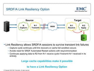 SRDF/A Link Resiliency Option Target Source N-1 Receive N-2 Apply N Capture N-1 Transmit Link Resiliency allows SRDF/A sessions to survive transient link failures Capture cycle continues until link recovers or cache full condition occurs Avoids need for SRDF Automated Restart actions with resynchronization Continues applying data to R2 from N-1 receive cycle if transmit N-1 received in its entirety Large cache capabilities make it possible  to have a Link Resiliency Option R2 WAN 