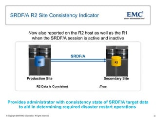 SRDF/A R2 Site Consistency Indicator SRDF/A R2 Data is Consistent :True Production Site Secondary Site Provides administrator with consistency state of SRDF/A target data to aid in determining required disaster restart operations  Now also reported on the R2 host as well as the R1 when the SRDF/A session is active and inactive R1 R2 