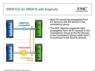 SRDF/CG for SRDF/S with Enginuity Host I/O cannot be propagated from R1 device to the R2 device in the consistency group The RDF daemon suspends data propagation from all R1 devices in the Consistency Group to the R2 devices in the Consistency Group while host I/O continues to the Source devices Consistency  Group  SRDF/CG suspended Fault event R2 R2 R2 R1 R1 R1 R2 R2 R2 R1 R1 R1 