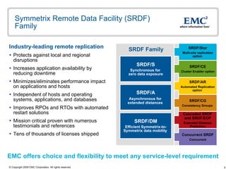 Symmetrix Remote Data Facility (SRDF) Family  Industry-leading remote replication Protects against local and regional disruptions Increases application availability by reducing downtime  Minimizes/eliminates performance impact on applications and hosts Independent of hosts and operating systems, applications, and databases Improves RPOs and RTOs with automated restart solutions Mission critical proven with numerous testimonials and references Tens of thousands of licenses shipped SRDF Family SRDF/Star Multi-site replication option  SRDF/AR Automated Replication option  SRDF/CE Cluster Enabler option SRDF/CG Consistency Groups  SRDF/S Synchronous for  zero data exposure SRDF/A Asynchronous for  extended distances  SRDF/DM Efficient Symmetrix-to-Symmetrix data mobility  Cascaded SRDF and SRDF/EDP Extended Distance Protection Concurrent   SRDF Concurrent EMC offers choice and flexibility to meet any service-level requirement 