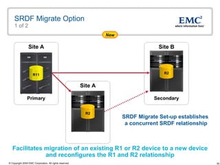 SRDF Migrate Option 1 of 2 Site A Site A Primary Secondary Facilitates migration of an existing R1 or R2 device to a new device and reconfigures the R1 and R2 relationship SRDF Migrate Set-up establishes  a concurrent SRDF relationship New Site B R11 R2 R2 