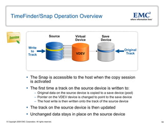 TimeFinder/Snap Operation Overview The Snap is accessible to the host when the copy session is activated The first time a track on the source device is written to:  Original data on the source device is copied to a save device (pool)  Pointer on the VDEV device is changed to point to the save device The host write is then written onto the track of the source device The track on the source device is then updated  Unchanged data stays in place on the source device Source Save  Device Write to Track Virtual Device Original Track Overview VDEV 