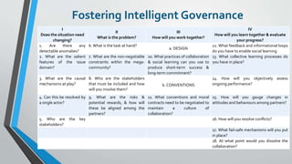 Fostering Intelligent Governance
I
Does the situation need
changing?
II
What is the problem?
III
How will you work togethe...