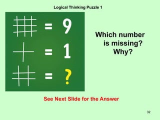32
Logical Thinking Puzzle 1
See Next Slide for the Answer
Which number
is missing?
Why?
 