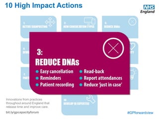 #GPforwardview
10 High Impact Actions
Innovations from practices
throughout around England that
release time and improve care.
bit.ly/gpcapacityforum
Maximise the use of appointment slots and improve continuity by reducing DNAs. Changes may include redesigning the appointment system,
encouraging patients to write appointment cards themselves, issuing appointment reminders by text message, and making it quick for patients to
cancel or rearrange an appointment.
Easy cancellation
Rapid access is provided for patients who wish to contact the practice to cancel an appointment. Common approaches include having a
dedicated phone number, a text message service and online cancellation functionality.
Appointment reminders
Patients are sent a text message to remind them about a forthcoming appointment. A reminder is included about how to cancel the appointment if
it is no longer wanted.
Patient-recorded bookings
Patients are asked to write their own appointment card for their next appointment, rather than having it done for them. This encourages recall,
reducing subsequent DNAs.In one study, practices found that switching from the nurse writing the appointment card for follow-up appointments
to having the patient do it reduced DNAs by 18% (http://www.ncbi.nlm.nih.gov/pmc/articles/PMC3308641/). It seems this is beneficial partly
because the act of writing the appointment adds to the patient's ability to recall the details, and partly because it represents a more firm public
commitment to attend the appointment than passively receiving the appointment card. Psychological research consistently confirms the power of
publicly stated commitments to increase the likelihood that we will undertake an action.
Read-back
The patient is asked to repeat the details of the appointment back, to check they have remembered it correctly. If receptionists ask the patient to
repeat back to them the appointment date and time, the patient is more likely to attend the appointment. In one study, this simple addition to
receptionists' habit reduced DNAs by 3.5% (http://www.ncbi.nlm.nih.gov/pmc/articles/PMC3308641/).
Report attendances
Publish information, for example in the practice waiting room, about the number or proportion of patients who do keep their appointment, with an
encouragement to cancel unwanted appointments. This is more effective than reporting the proportion who DNA.
Reduce 'just in case' booking
Creating an appointment system and booking experience which is straightforward and responsive, giving patients confidence that they will be
able to obtain help when they need it. This can reduce booking of appointments a long way in advance, which is associated with a much higher
DNA rate.
 