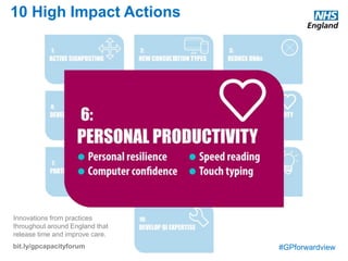 #GPforwardview
10 High Impact Actions
Innovations from practices
throughout around England that
release time and improve care.
bit.ly/gpcapacityforum
Staff are the most valuable resource in the NHS. We have a duty to nurture them as well as providing resources and training to ensure they are
able to work in the most efficient way possible. This may include improving the environment, reducing waste in routine processes, streamlining
information systems and enhancing skills such as reading and typing speed.
Personal resilience
Supporting staff to be happy and productive in their work through the way they respond to pressure. The maintenance of an engaged
organisational culture through deliberate leadership of the team and systems can have a significant impact on resilience and productivity. A wide
range of activities may help build staff resilience, including training, mentoring and peer support schemes, as well as more intensive support for
staff experiencing difficulties.
Computer confidence
Provision of initial and ongoing support to staff to ensure they are able to make the best and most efficient use of practice computer systems.
Specific opportunities may be created for staff to discuss their use of systems and to share tips, or this may feature as part of other team
sessions.
Touch typing & speed reading
Training for staff in typing and reading at speed. This frees staff time, and reduces frustration and distraction, making it easier to devote attention
to other things.
 