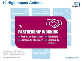 #GPforwardview
10 High Impact Actions
Innovations from practices
throughout around England that
release time and improve care.
bit.ly/gpcapacityforum
For a number of years, practices have been exploring the benefits of working and collaborating at greater scale. This offers benefits in terms of
improved organisational resilience and efficiency, and is essential for implementing many recent innovations in access and enhanced longterm
conditions care. Increasing the scale of operations beyond the traditional small practice team requires considerable planning and leadership, as
well as attention to the need to maintain the personal aspects of care which are the bedrock of effective primary care for many patients.
The productive federation
A growing number of practices are entering into collaborative arrangements with others. These collaborations take a variety of forms and legal
underpinnings, ranging from loose networks to tightly integrated federations. Historically, much of the drive behind collaboration has been a
desire to win contracts for services such as minor surgery, community dermatology or outpatient monitoring. Some collaborations were originally
established with a less clearly defined purpose of protecting practices from commercial competition or difficult financial circumstances. These
networks and federations do not necessarily provide a platform for service provision at scale or for supporting practices to improve quality or
innovate in core services. With commissioners increasingly looking to procure innovative at-scale primary care from GP federations, many are
rethinking their purpose, and developing more comprehensive approaches to their functions, processes and capabilities.
In addition to creating new possibilities for service development, working at scale offers benefits for practices through sharing resources and
releasing capacity. Increasingly, collaboration and mergers are being used to achieve efficiencies in purchasing, development of policies,
administration, staff pooling, human resources and continuous professional development.
Specialists
Developing closer and more seamless collaboration with specialist colleagues. This may involve new protocols and processes for sharing care,
clarifying responsibilities for different parts of the patient journey and reducing gaps and duplication. Direct access to advice is increasingly being
provided, to reduce the need for some patients to be referred out of primary care. Specialists may also be brought into more community-facing
roles, providing training, advice and care outside hospital. These measures have clear benefits for patients as well as general practices.
Community pharmacy
Community pharmacies provide a wide range of expert advice about episodic and ongoing needs. A growing number of GP practices are building
closer collaboration with their community pharmacies, particularly in the areas of minor illness and medication reviews.
Community services
Form new collaborative relationships with community service providers. This offers the potential to provide more joined-up care for patients,
especially those with longterm conditions, where fragmentation of services is common and impacts on the safety, effectiveness, efficiency and
experience of care.
 