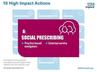 #GPforwardview
10 High Impact Actions
Innovations from practices
throughout around England that
release time and improve care.
bit.ly/gpcapacityforum
Referral and signposting to services which increase wellbeing and independence. These are non-medical activities, advice, advocacy and
support, and are often provided by voluntary and community sector organisations or local authorities. Examples include leisure and social
community activities, befriending, carer respite, dementia support, housing, debt management and benefits advice, one to one specialist
advocacy and support, employment support and sensory impairment services. The service may operate quite separately from the GP practice,
accepting referrals in the same way as other providers, or there may be closer integration within the practice team, for example through team
meetings or locating peer coaches or service navigators within the team.
Practice based navigators
Volunteers or staff members are attached to a GP practice, to provide a source of expertise about local voluntary and community sector services.
They will often meet directly with patients and carers, identifying needs and opportunities, and supporting them to engage with services.
External service
Practices have access to a service run by another organisation, such as a council of voluntary sector agencies, who can signpost patients and
carers to sources of support in the local community. They will take referrals from the practice, and will usually also provide support directly to local
residents without referral.
 