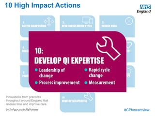 #GPforwardview
10 High Impact Actions
Innovations from practices
throughout around England that
release time and improve care.
bit.ly/gpcapacityforum
Take every opportunity to support people to play a greater role in their own health and care. This begins before the consultation, with methods of
signposting patients to sources of information, advice and support in the community. Common examples include patient information websites,
community pharmacies and patient support groups. For people with longterm conditions, this involves working in partnership to understand
patients' mental and social needs as well as physical. Many patients will benefit from training in managing their condition, as well as connections
to care and support services in the community.
Prevention
Some practices are fostering links with their local community and launching new programmes to improve population health and prevent disease.
This spans a range of activities, including health education, promoting healthy eating and physical activity, and influencing other aspects of public
health. A common feature is a focus on communities helping themselves, with statutory services providing support.
Patient online
Technology changes are enabling patients to access their personal record online, through web portals and a growing number of health apps for
mobile phones. This makes common transactions such as ordering a repeat prescription quicker for the patient and for practice staff. It also
allows patients to become better informed about their health and care, and to play a more active role. With explanation and support, patients and
their carers are able to check test results, the progress of investigations and referrals, read and share their care plan, and enter details of home
monitoring, such as blood pressure, weight, and sugar tests. As well as being popular with patients, GP practices are reporting a reduction in
workload as a result of patients using these online services.
Acute episodes
Practices are increasingly involved in supporting patients with minor ailments to care for themselves. This often includes providing advice and
signposting to services provided by community pharmacy. Education also plays a part, with growing numbers of practies contributing to efforts to
teach people about the best ways to seek help when ill. This often begins with engagement in local primary schools.
Longterm conditions
For people with longterm conditions, a more proactive approach to care is being adopted, alongside a focused effort to help people play a more
active role in monitoring and managing their condition. Initiatives include supporting people to access their full medical record online, the use of
health coaching in clinical consultations and the provision of training and support in the community, aiming to build the knowledge, skills and
confidence for patients and carers to manage their condition. This builds patients’ own assets and quality of life, as well as reducing their
dependence on services such as the general practice.
 