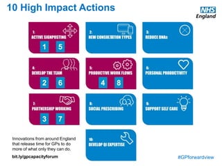 #GPforwardview
10 High Impact Actions
Innovations from around England
that release time for GPs to do
more of what only they can do.
bit.ly/gpcapacityforum
1 5
2 6
3 7
4 8
 