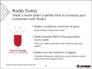There’s never been a better time to increase your
investment with Radio!
• Radio’s audience continues to grow.
More listeners today than ever!
• Radio reaches 93% of the population
every week.
That’s 2.4 million listeners in the Portland area per
week!*
• Radio is on the forefront of digital.
Includes database marketing, social media, mobile
and interactive opportunities.
Radio Today
* Total Survey Area Population Estimate, Spring 2008
2
 