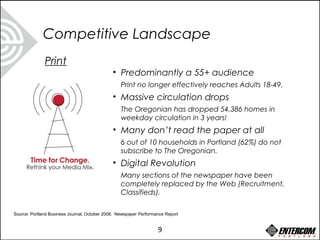 Print
• Predominantly a 55+ audience
Print no longer effectively reaches Adults 18-49.
• Massive circulation drops
The Oregonian has dropped 54,386 homes in
weekday circulation in 3 years!
• Many don’t read the paper at all
6 out of 10 households in Portland (62%) do not
subscribe to The Oregonian.
• Digital Revolution
Many sections of the newspaper have been
completely replaced by the Web (Recruitment,
Classifieds).
Competitive Landscape
9
Source: Portland Business Journal, October 2008. Newspaper Performance Report
 