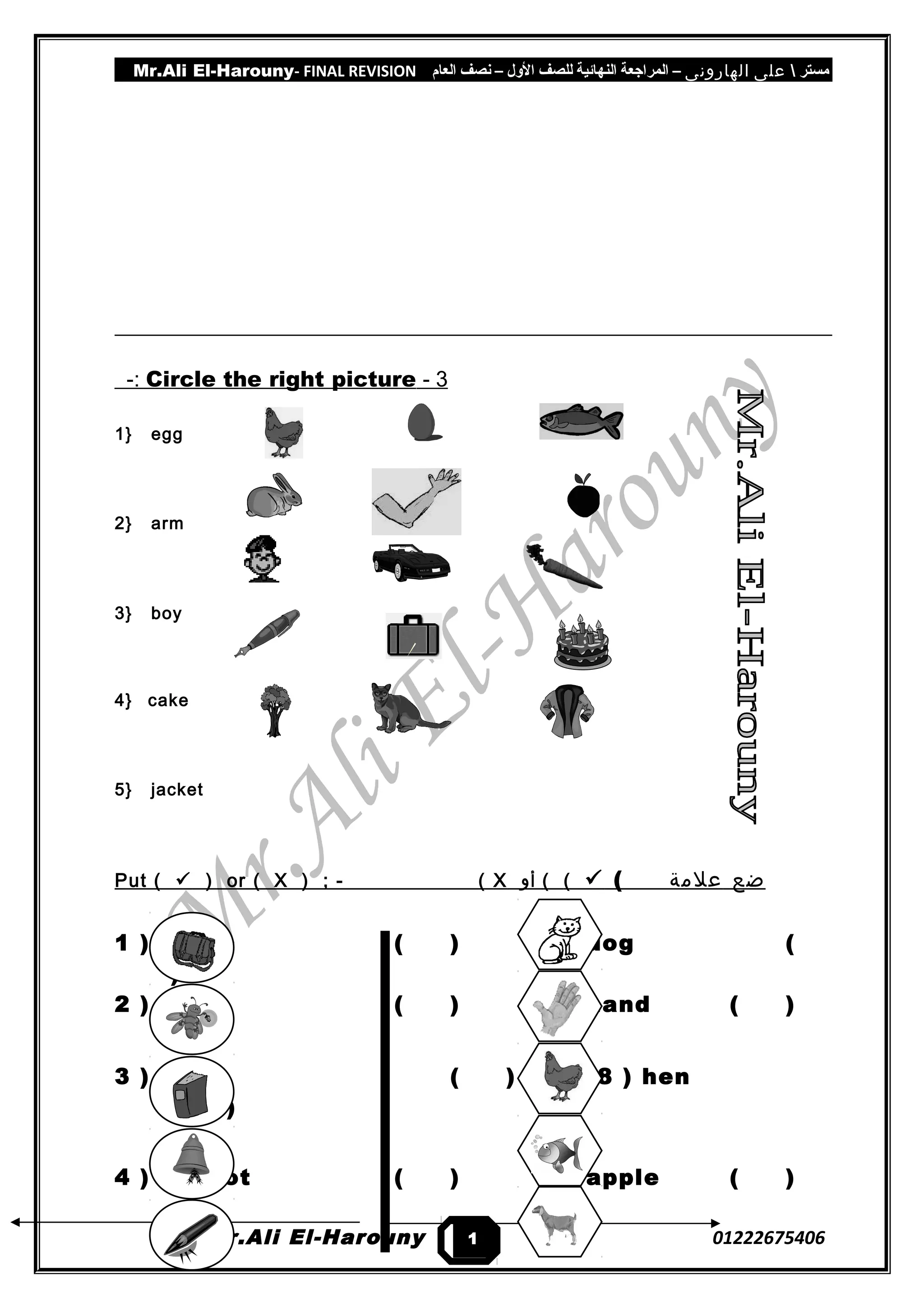 Mr.Ali El-Harouny- FINAL REVISION ‫مستر‬‫على‬‫الهارونى‬–‫المراجعة‬‫النهائية‬‫للصف‬‫اللول‬–‫نصف‬‫العام‬
3-Circle the right picture-:
1} egg
2} arm
3} boy
4} cake
5} jacket
Put (  ) or ( X ) ; - ( X ‫أو‬ ( (  ( ‫ضع‬‫علمة‬
1 ) bag ( ) 6 ) dog (
)
2 ) sun ( ) 7 ) hand ( )
3 ) Taxi ( ) 8 ) hen
( )
4 ) carrot ( ) 9 ) apple ( )
Mr.Ali El-Harouny 012226754061
6
 