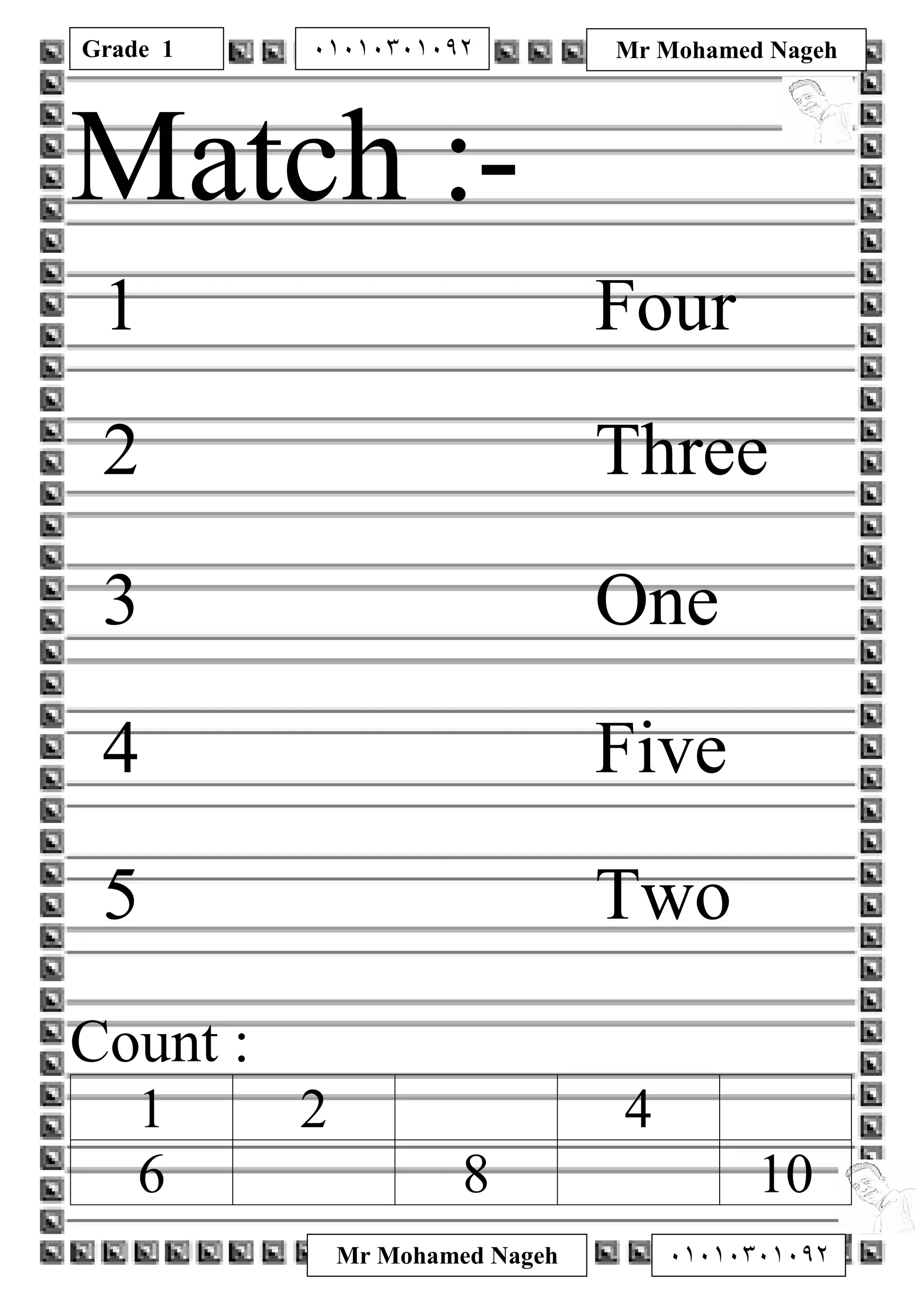 Grade 1
Mr Mohamed Nageh ٠١٠١٠٣٠١٠٩٢
Mr Mohamed Nageh٠١٠١٠٣٠١٠٩٢
Match :-
1 Four
2 Three
3 One
4 Five
5 Two
Count :
1 2 4
6 8 10
 