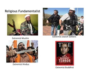 Religious Fundamentalist
Extremist Muslim
Extremist Hindus
Extremist Jewish Settlers
Extremist Buddhist
 