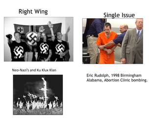 Right Wing
Single Issue
Neo-Nazi’s and Ku Klux Klan
Eric Rudolph, 1998 Birmingham
Alabama, Abortion Clinic bombing.
 