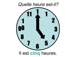 Quelle heure est-il?

   11 1      1
 1    2          2
90                3
 8               4
     7       5
         6
Il est cinq heures.
 