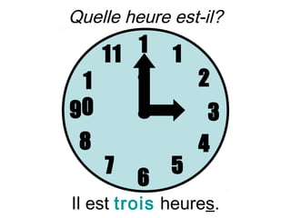 Quelle heure est-il?

   11 1      1
 1    2          2
90                3
 8               4
     7       5
         6
Il est trois heures.
 