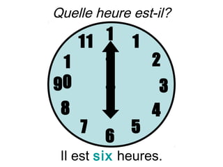 Quelle heure est-il?

   11 1      1
 1    2          2
90                3
 8               4
     7       5
         6
 Il est six heures.
 