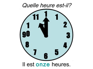Quelle heure est-il?

   11 1      1
 1    2          2
90                3
 8               4
     7       5
         6
Il est onze heures.
 