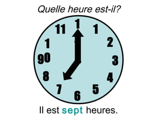 Quelle heure est-il?

   11 1      1
 1    2          2
90                3
 8               4
     7       5
         6
Il est sept heures.
 