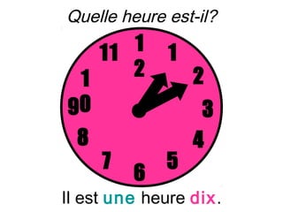 Quelle heure est-il?

   11 1       1
 1    2           2
90                 3
  8               4
      7       5
          6
Il est une heure dix.
 