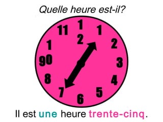 Quelle heure est-il?

        11 1      1
      1    2          2
     90                3
      8               4
          7       5
              6
Il est une heure trente-cinq.
 