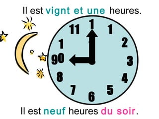 Il est vignt et une heures.

          11 1      1
        1    2          2
       90                3
        8               4
            7       5
                6
Il est neuf heures du soir.
 
