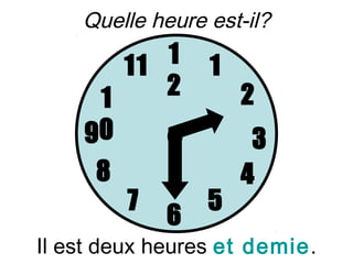 Quelle heure est-il?

       11 1      1
     1    2          2
    90                3
     8               4
         7       5
             6
Il est deux heures et demie.
 
