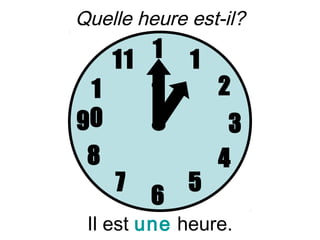 Quelle heure est-il?

   11 1      1
 1    2          2
90                3
 8               4
     7       5
         6
 Il est une heure.
 
