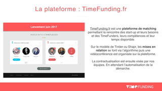 La plateforme : TimeFunding.fr
TimeFunding.fr est une plateforme de matching
permettant la rencontre des start-up et leurs besoins
et des TimeFunders, leurs compétences et leur
temps disponible.
Sur le modèle de Tinder ou Shapr, les mises en
relation se font via l’algorithme puis une
vidéoconférence est organisée sur la plateforme.
La contractualisation est ensuite visée par nos
équipes. En attendant l’automatisation de la
démarche.
Lancement juin 2017
 