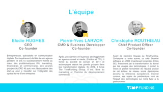 Entrepreneuse, spécialisée en communication
digitale. Son expérience à la tête de son agence
pendant 15 ans l’a successivement menée au
cœur des problématiques RH, marketing,
ﬁnancières et commerciales des grands
groupes du CAC 40 puis vers l’écosystème des
start-up pour y travailler sur l’intégralité des
cycles de vie d’une entreprise.
Elodie HUGHES
CEO
Co-founder
L’équipe
Après une carrière en business développement
en agence conseil et media, (Publicis et TF1), il
fonde sa société de conseil en 2011 et
accompagne depuis les grands groupes dans
leur transformation digitale. En 2016, il fonde
The TimeFunding Group. Il est l'âme du
marketing et l'homme du développement
commercial.
Pierre-Yves LARVOR
CMO & Business Developper
Co-founder
Avant de rejoindre l’équipe du TimeFunding,
Christophe a, entre autres, co créé Bluekiwi
software en 2006 (maintenant propriété d'Atos
SE). Passionné par la transformation du travail
par les usages des technologies, il portait la
vision et pilotait l'ensemble de l'équipe produit
de cet éditeur de réseau social d'entreprise
devenu la référence européenne. Éternel
curieux, ses sujets de prédilections vont de
l'impact des technologies sur notre futur à la
gastronomie!
Christophe ROUTHIEAU
Chief Product Officer
Co-founder 
 