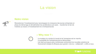 Notre vision
Révolutionner l’investissement pour accompagner la croissance des jeunes entreprises en
phase de démarrage et dématérialiser les accélérateurs pre-seed… transformer le lien de
l’individu au travail, à l’investissement et à l’entrepreneuriat.
« Why now ? »
La mutation du monde du travail et de l’entreprise est en marche.
La possibilité de l’entrepreneuriat se démocratise.
Les start-up toujours plus nombreuses recherchent de nouvelles solutions de
ﬁnancement simples & efﬁcaces pour grandir. L’ère du « collaboratif » s’offre à nous.
La vision
 