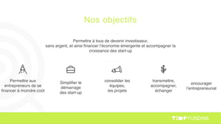 Nos objectifs
Permettre à tous de devenir investisseur,
sans argent, et ainsi ﬁnancer l’économie émergente et accompagner la
croissance des start-up
Permettre aux
entrepreneurs de se
ﬁnancer à moindre coût
Simpliﬁer le
démarrage
des start-up
consolider les
équipes,
les projets
transmettre,
accompagner,
échanger
encourager
l’entrepreneuriat
 