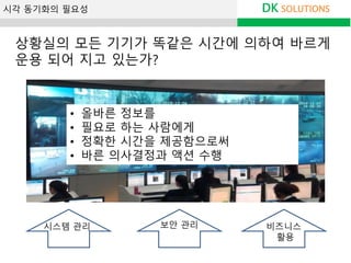 DK SOLUTIONS
• 올바른 정보를
• 필요로 하는 사람에게
• 정확한 시간을 제공함으로써
• 바른 의사결정과 액션 수행
시각 동기화의 필요성
시스템 관리 보안 관리 비즈니스
활용
상황실의 모든 기기가 똑같은 시간에 의하여 바르게
운용 되어 지고 있는가?
 