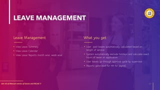LEAVE MANAGEMENT
Leave Management What you get
Get rid of Manual entries of leaves and RELAX !! 13
• User paid leaves automatically calculated based on
length of service
• System automatically exclude holidays and calculate exact
hours of leave on application
• User leaves go through approval cycle by supervisor
• Reports generated for HR for payroll.
• View Leave Summary
• View Leave Calendar
• View Leave Reports month wise, week wise
 