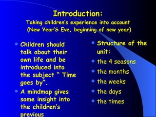 Introduction: Taking children‘s experience into account  (New Year‘S Eve, beginning of new year) Children should talk about their own life and be introduced into the subject “ Time goes by”. A mindmap gives some insight into the children’s previous experience   Structure of the unit: the 4 seasons the months the weeks the days the times 
