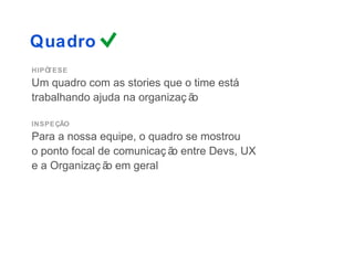Quadro
HIPÓTESE
Um quadro com as stories que o time está
trabalhando ajuda na organizaç ão

INSPEÇÃO
Para a nossa equipe, o quadro se mostrou
o ponto focal de comunicaç ã entre Devs, UX
                            o
e a Organizaç ã em geral
               o
 