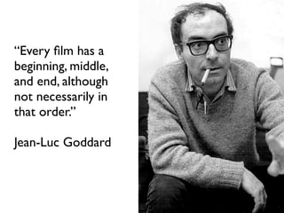 “Every film has a
beginning, middle,
and end, although
not necessarily in
that order.”
Jean-Luc Goddard