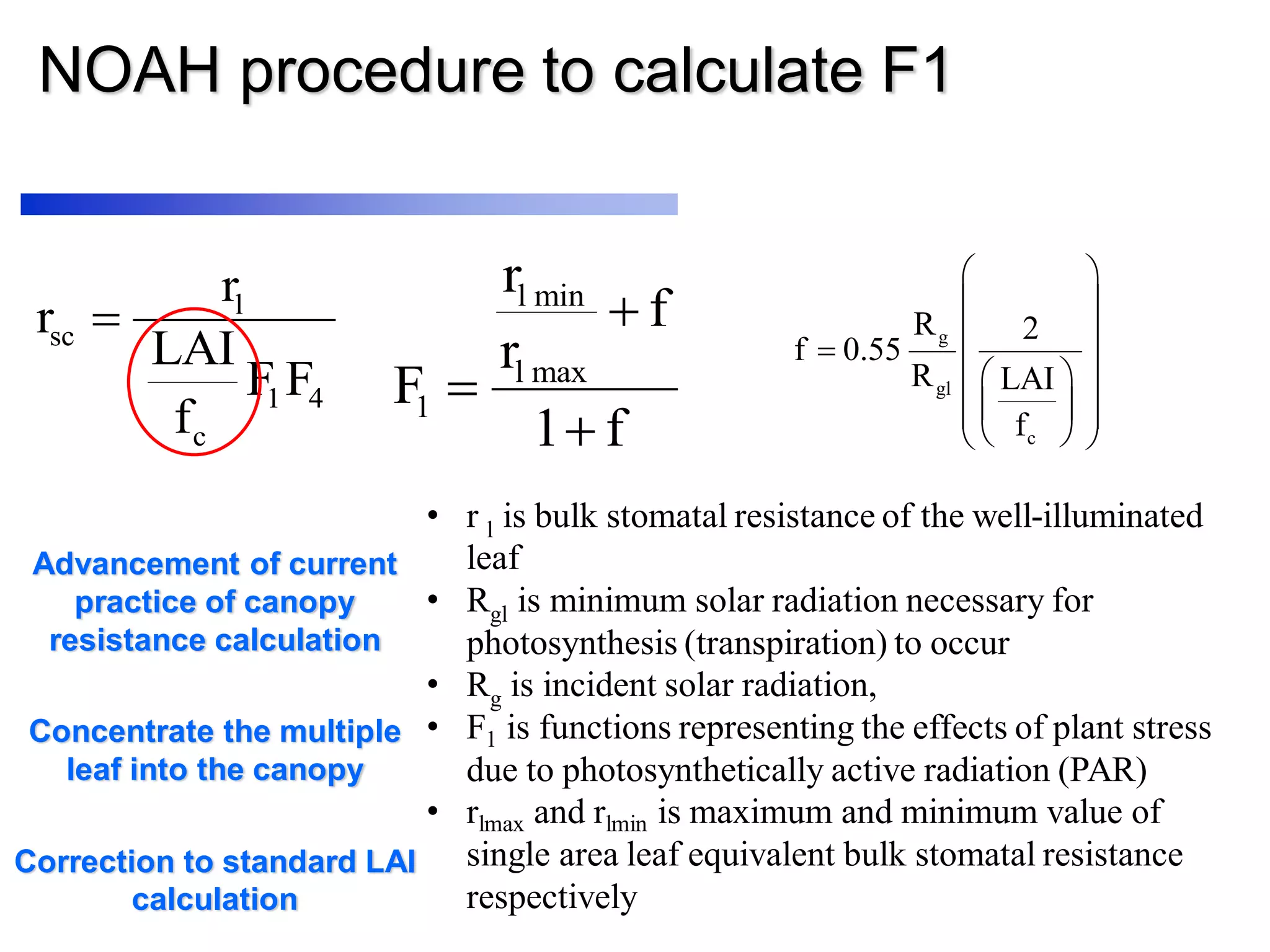 NOAH procedure to calculate F1
l min
l max
1
r
f
r
F
1 f



g
gl
c
R 2
f 0.55
R LAI
f
 
 
 
  
   
  
• r l is bulk stomatal resistance of the well-illuminated
leaf
• Rgl is minimum solar radiation necessary for
photosynthesis (transpiration) to occur
• Rg is incident solar radiation,
• F1 is functions representing the effects of plant stress
due to photosynthetically active radiation (PAR)
• rlmax and rlmin is maximum and minimum value of
single area leaf equivalent bulk stomatal resistance
respectively
l
sc
1 4
c
r
r
LAI
F F
f

Advancement of current
practice of canopy
resistance calculation
Concentrate the multiple
leaf into the canopy
Correction to standard LAI
calculation
 