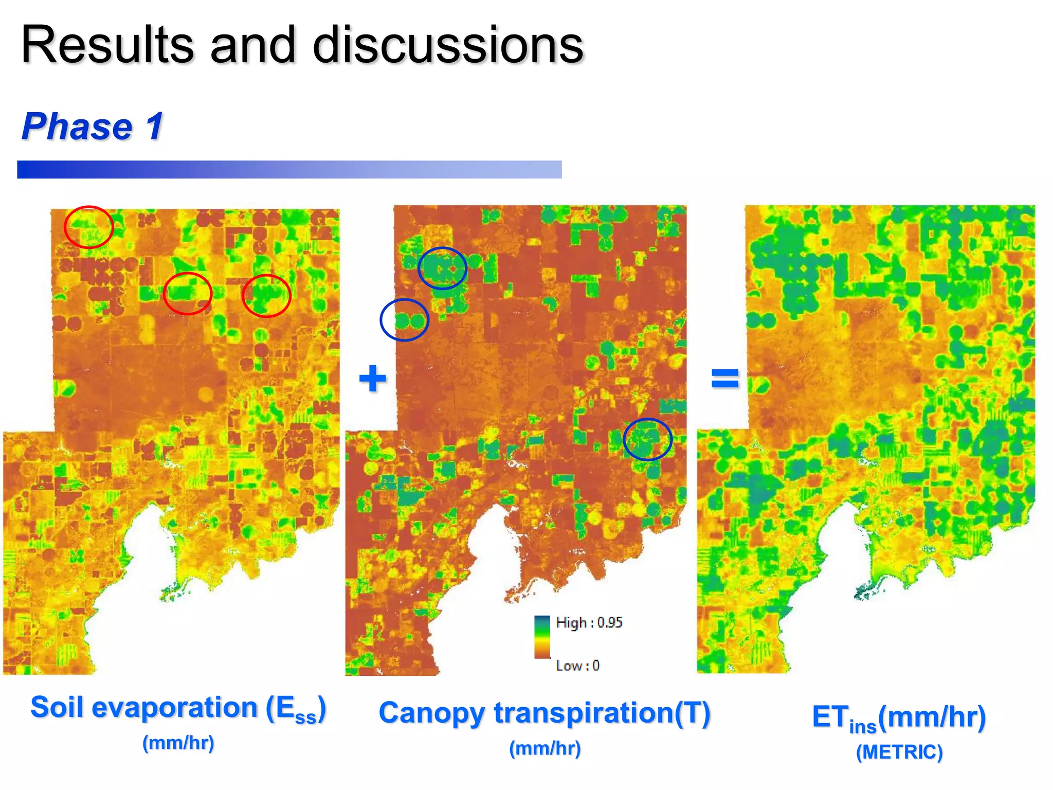 Results and discussions
Soil evaporation (Ess)
(mm/hr)
Canopy transpiration(T)
(mm/hr)
ETins(mm/hr)
(METRIC)
Phase 1
+ =
 