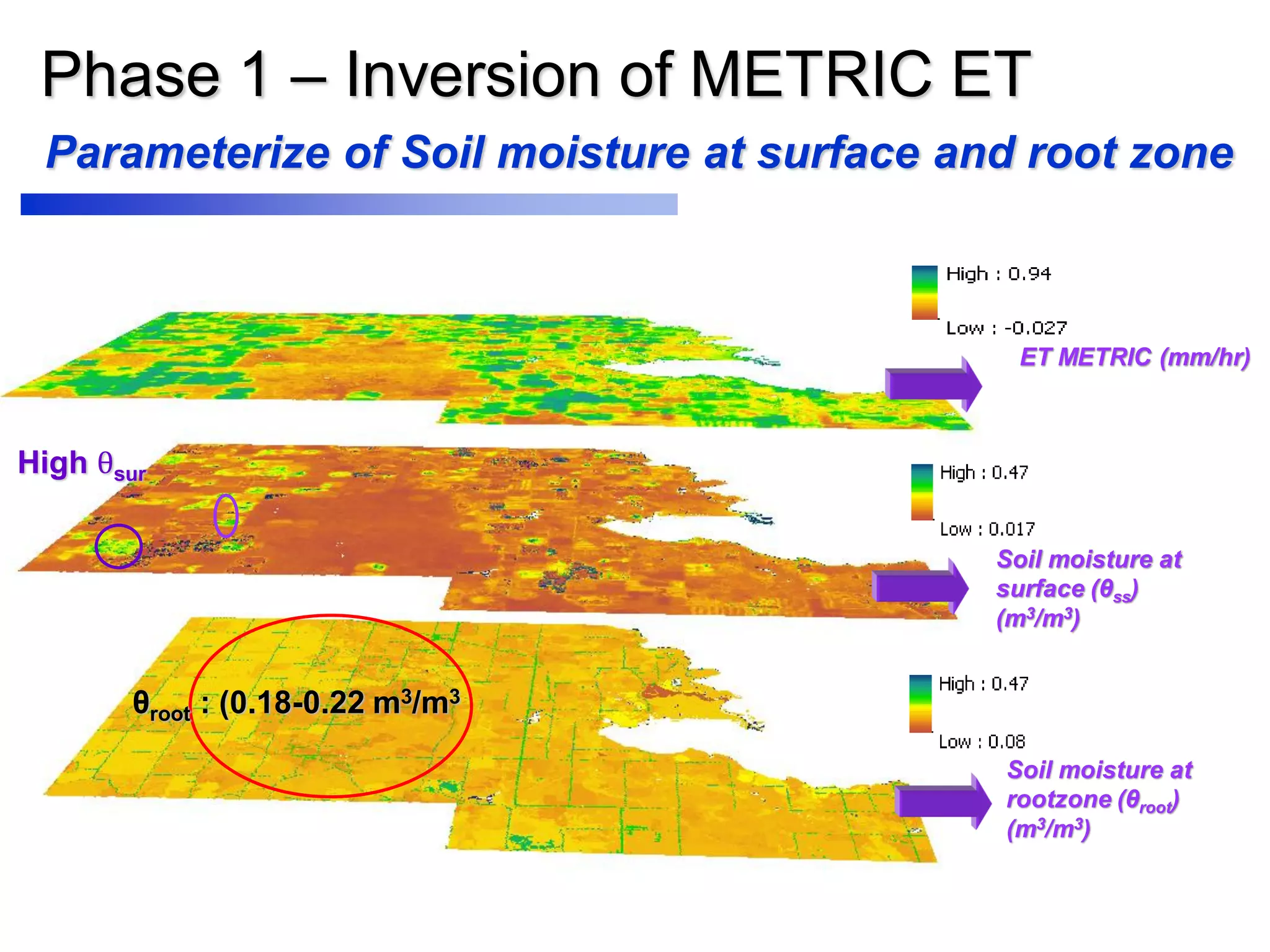 Phase 1 – Inversion of METRIC ET
Parameterize of Soil moisture at surface and root zone
ET METRIC (mm/hr)
Soil moisture at
surface (θss)
(m3/m3)
Soil moisture at
rootzone (θroot)
(m3/m3)
θroot : (0.18-0.22 m3/m3
High θsur
 
